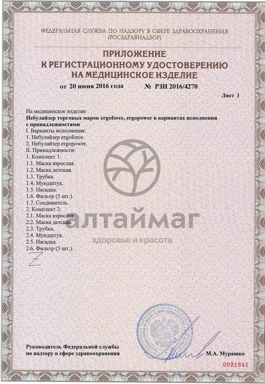 Сертификат на товар Ингалятор-небулайзер Ergopower ER-402 серый Ингалятор-небулайзер Ergopower ER-402 серый сертификат